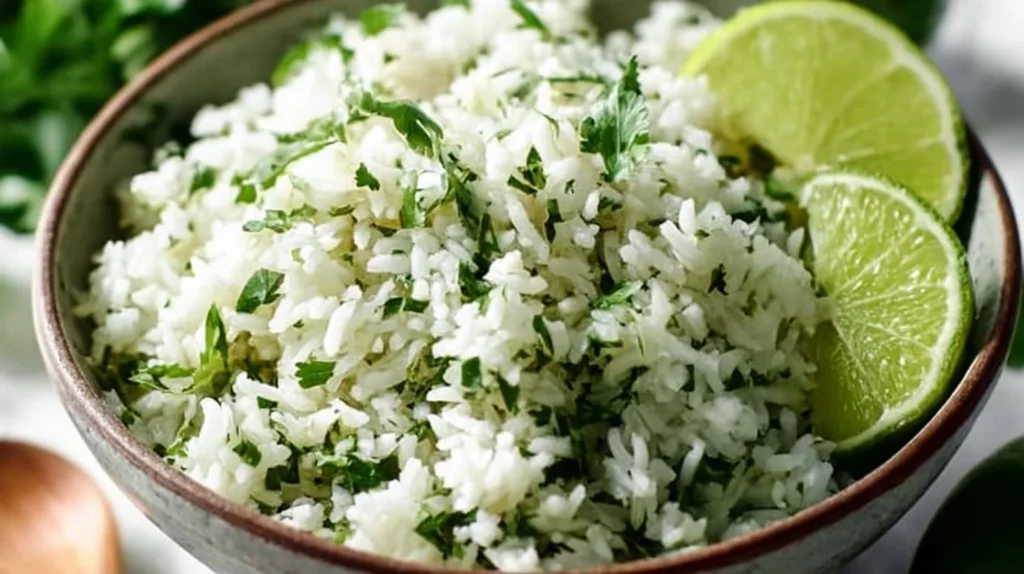 Delicious cilantro lime rice served in a bowl with fresh cilantro garnish