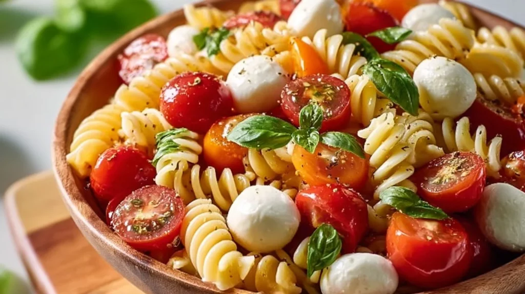 Colorful Caprese Pasta Salad with fresh tomatoes, mozzarella, and basil
