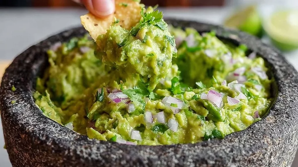 Bowl of homemade Chipotle Guacamole with fresh ingredients