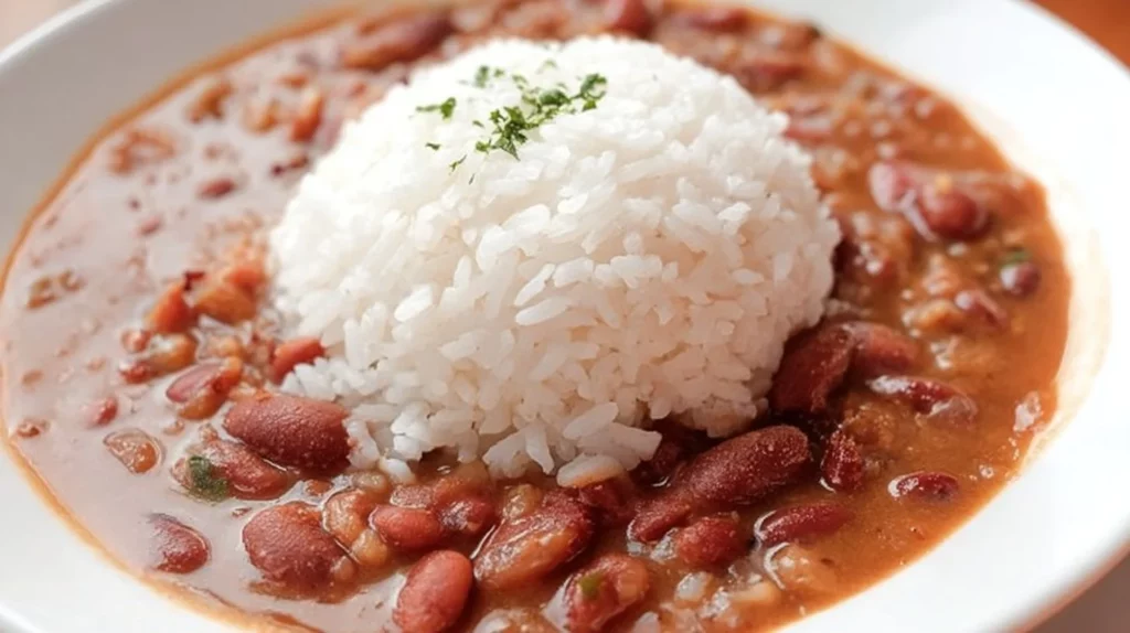A delicious serving of copycat Popeye's red beans and rice on a plate.