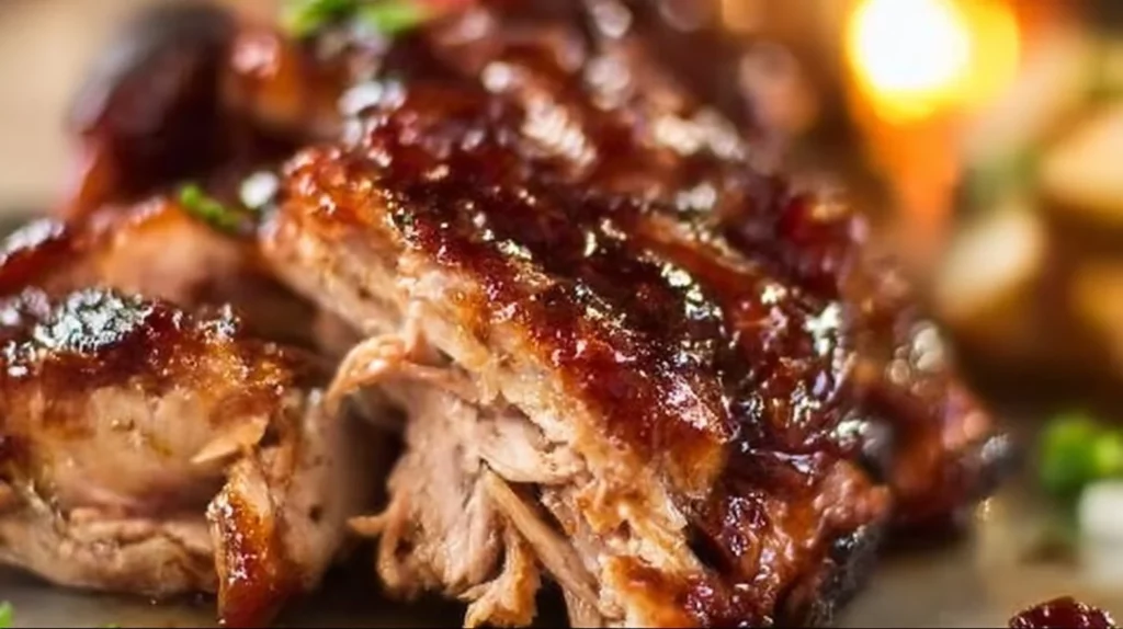 Delicious country-style pork ribs served on a platter with barbecue sauce.