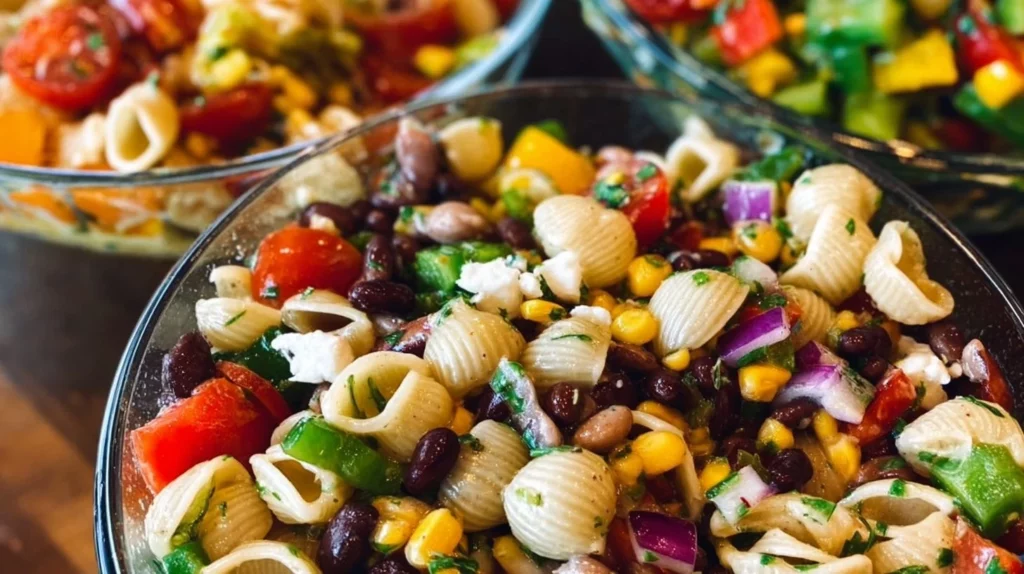 Colorful Cowboy Caviar Pasta Salad with vegetables and beans in a bowl.