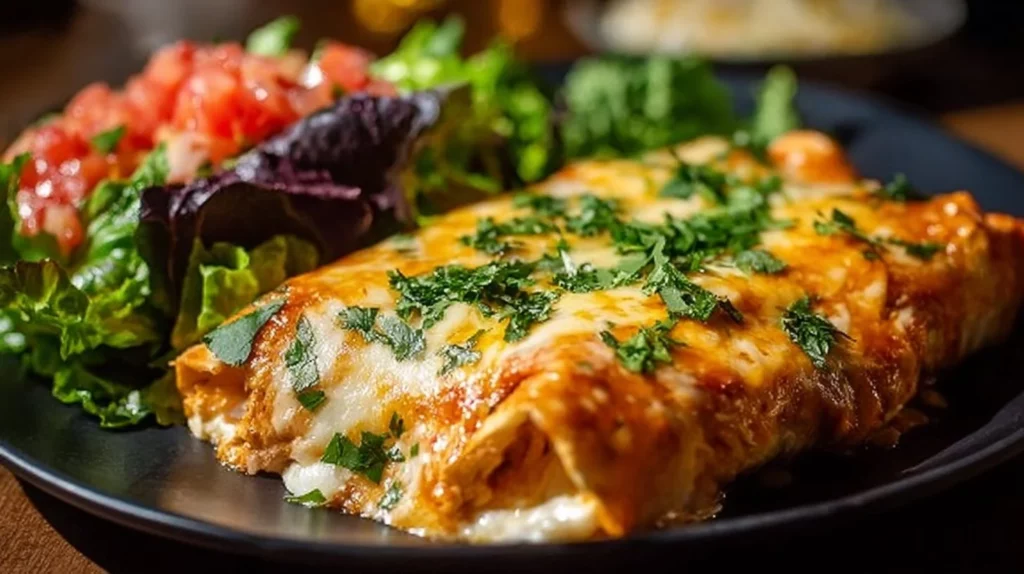 Delicious cream cheese chicken enchiladas served on a plate with toppings.