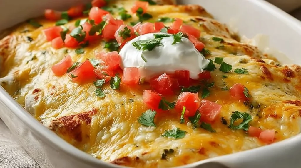 Cream cheese chicken enchiladas topped with cheese and spices