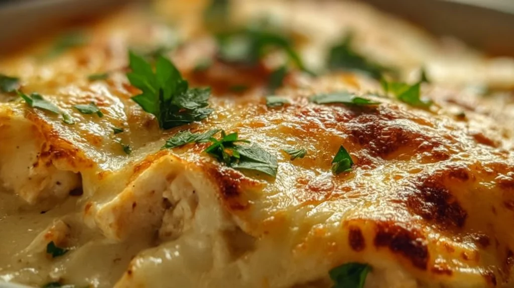 Delicious creamy chicken enchiladas topped with cheese and herbs