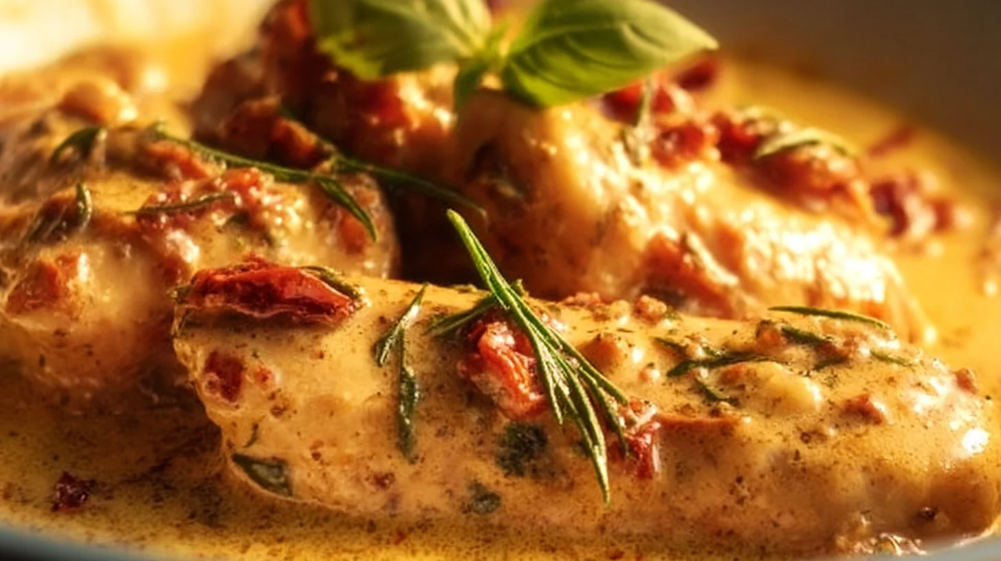 Creamy garlic parmesan chicken dish garnished with herbs on a plate.