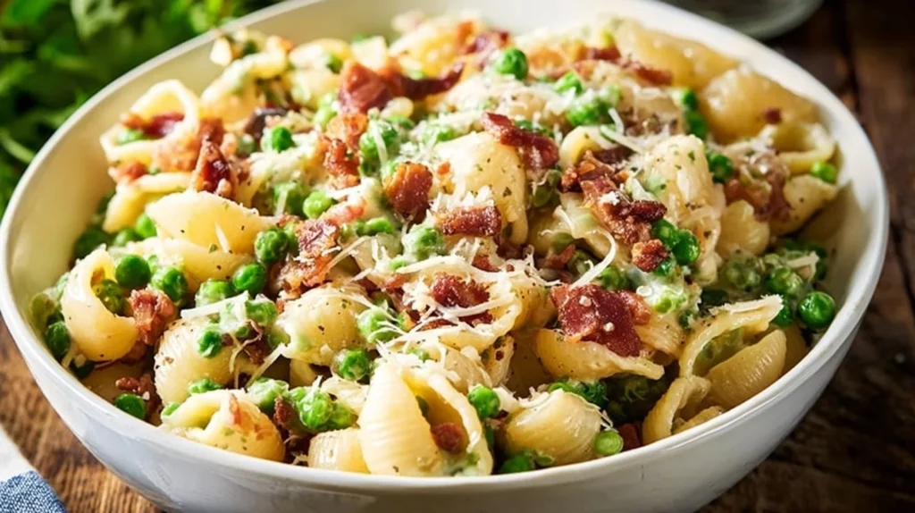 Creamy pasta salad served in a bowl with colorful vegetables