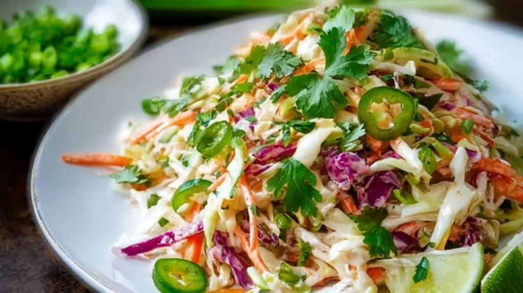 Creamy taco slaw served in a bowl with colorful cabbage and toppings.