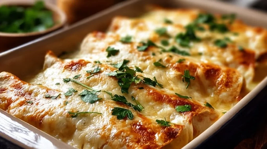 Creamy white chicken enchiladas topped with cheese and cilantro in a baking dish.