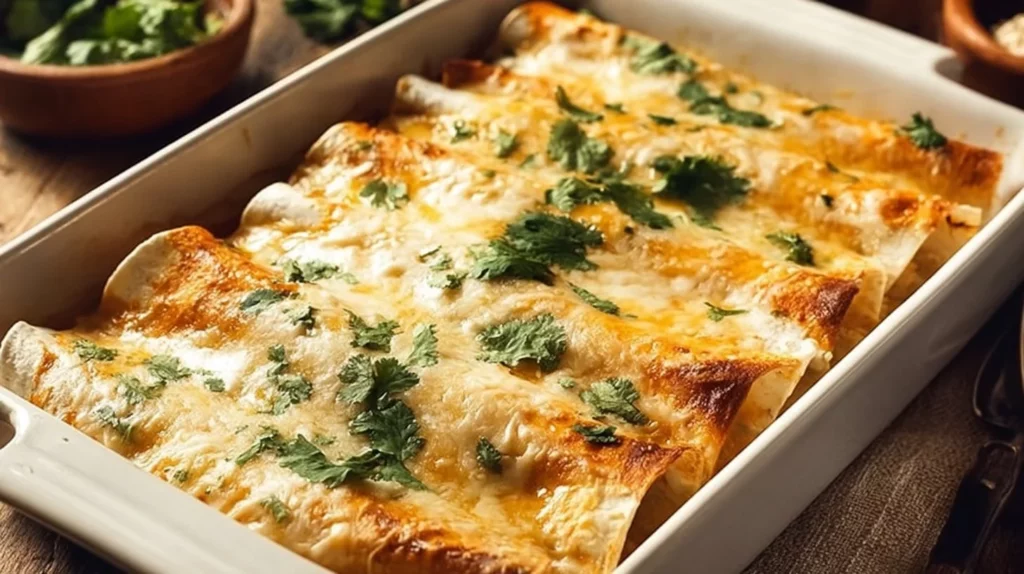 Creamy white chicken enchiladas topped with cheese and green chilies
