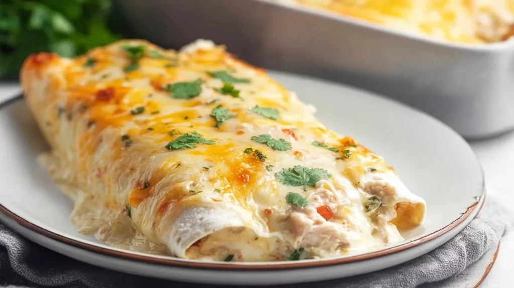 Creamy white chicken enchiladas casserole topped with cheese and green onions