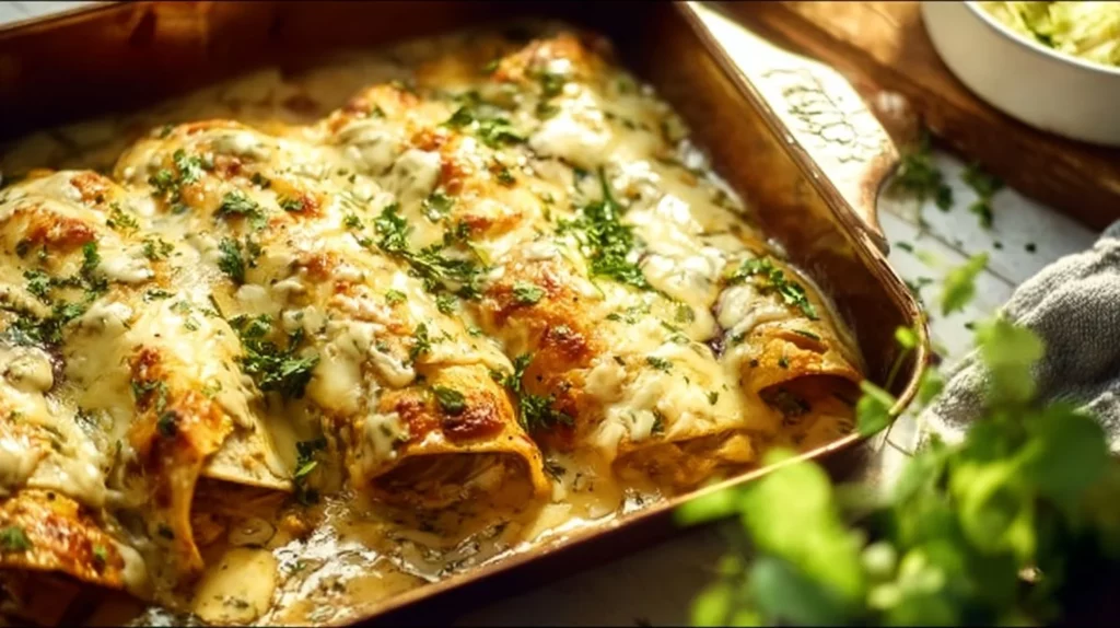 Creamy white sauce chicken enchiladas topped with fresh herbs