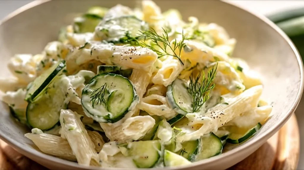 Fresh Cucumber Pasta Salad with vegetables and herbs in a bowl