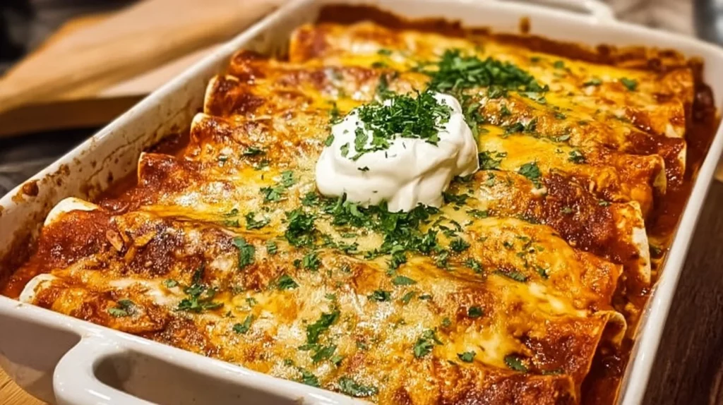 Plate of delicious chicken enchiladas topped with cheese and salsa