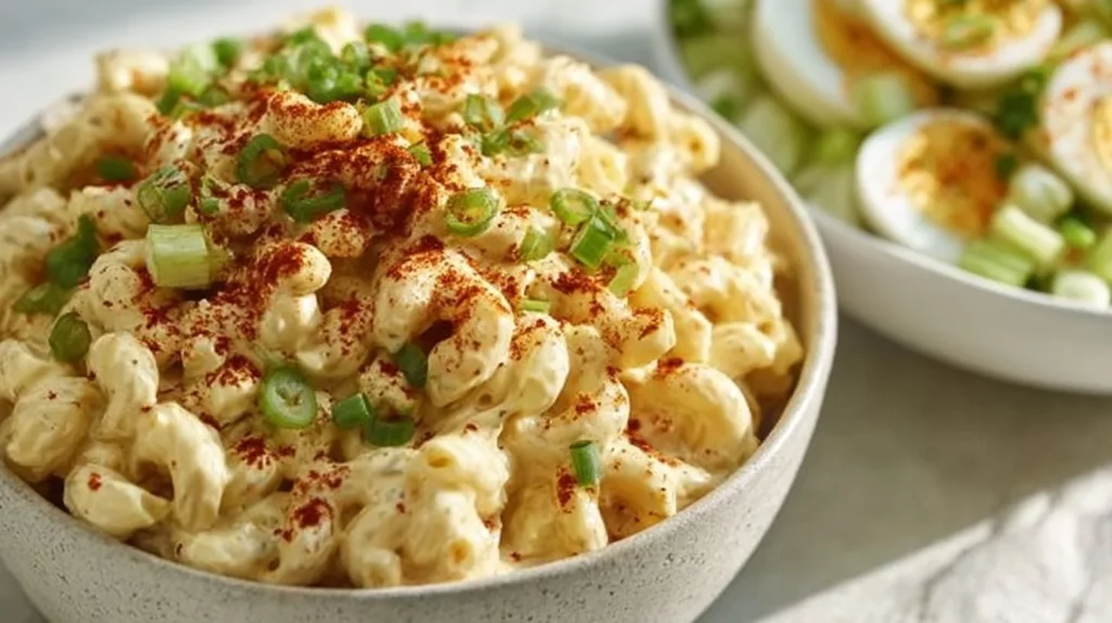 Delicious deviled egg pasta salad in a bowl, garnished with herbs