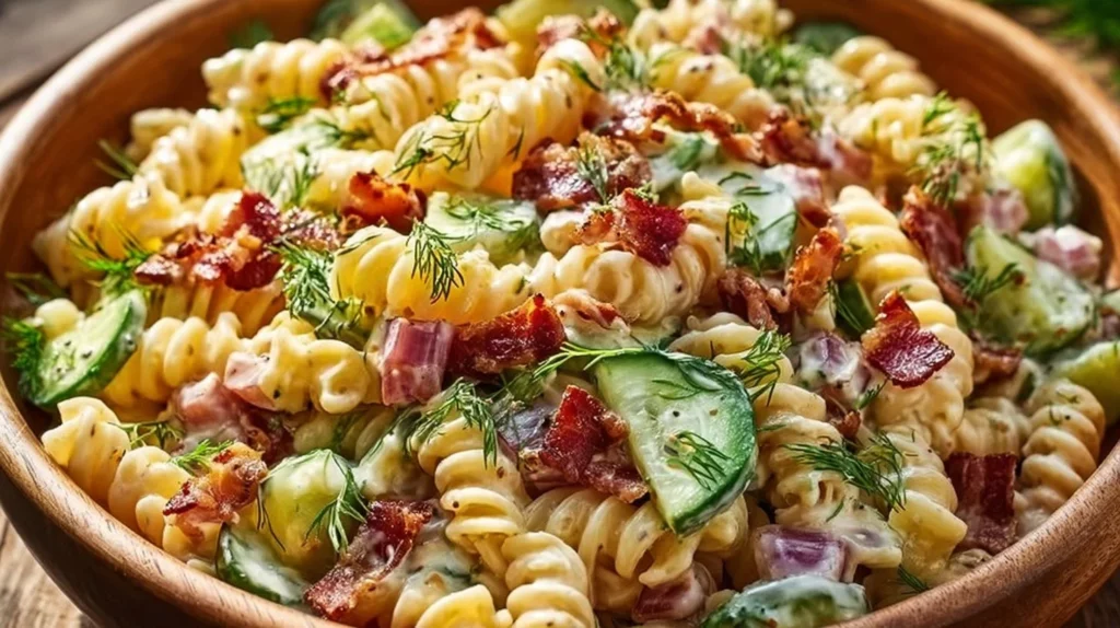 Dill Pickle Bacon Pasta Salad garnished and ready to serve in a bowl