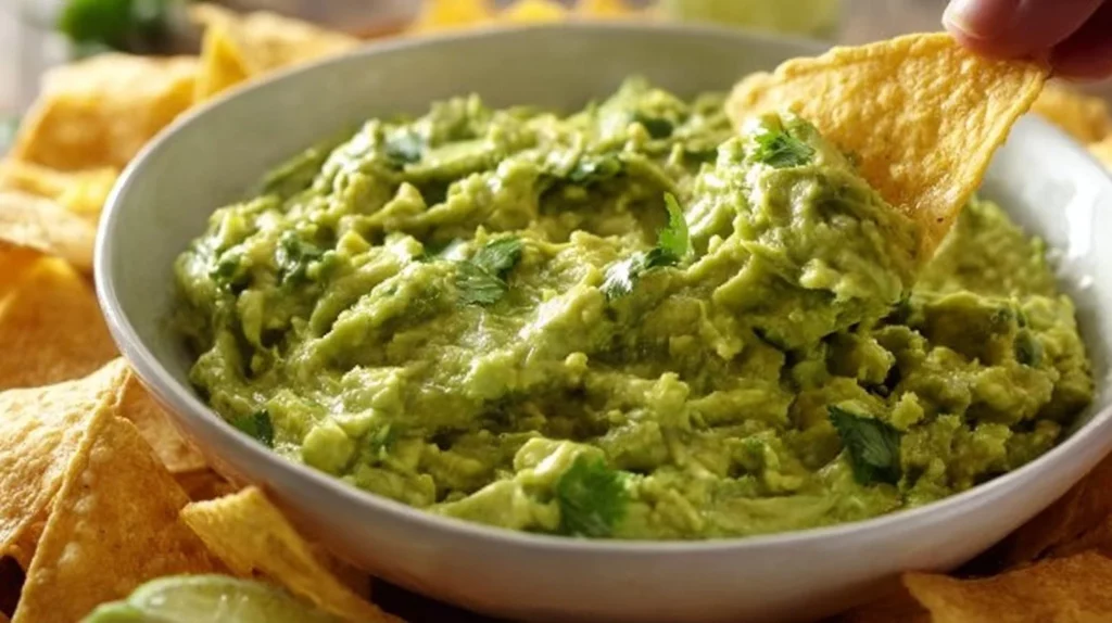 Bowl of easy 4 ingredient guacamole with fresh avocados and cilantro