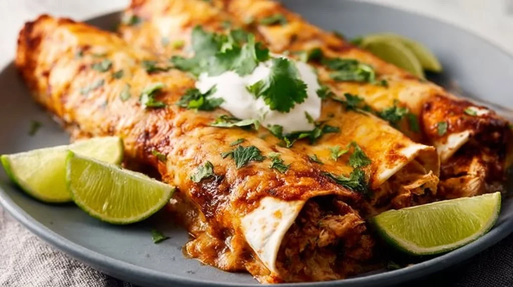 Plate of delicious easy baked chicken enchiladas topped with cheese and salsa