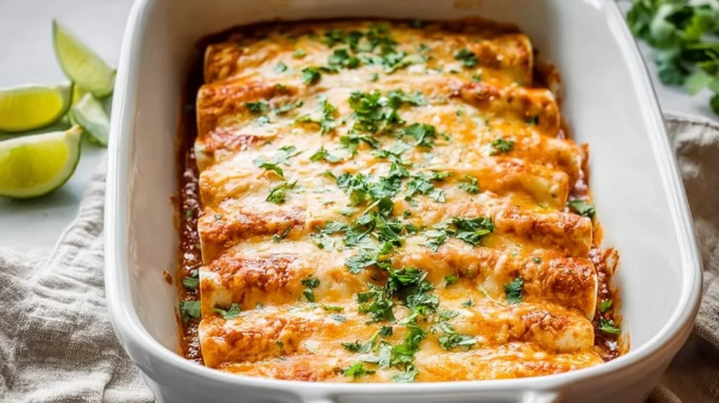 Delicious easy chicken enchiladas topped with cheese and cilantro