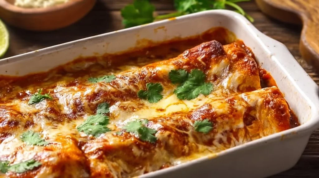 Easy Chicken Enchiladas topped with red sauce, served on a plate