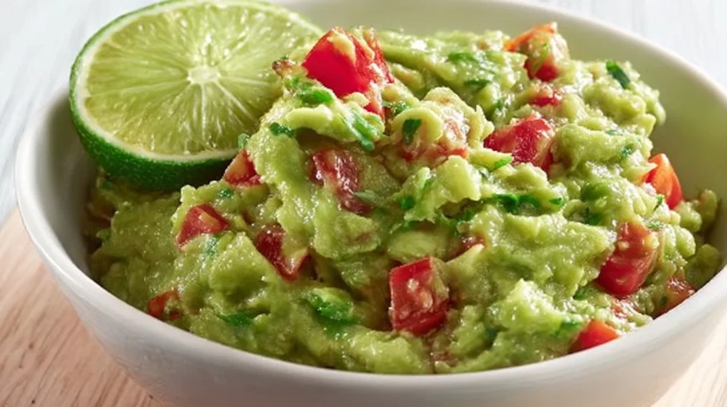 Bowl of easy guacamole with fresh ingredients, ready to serve.
