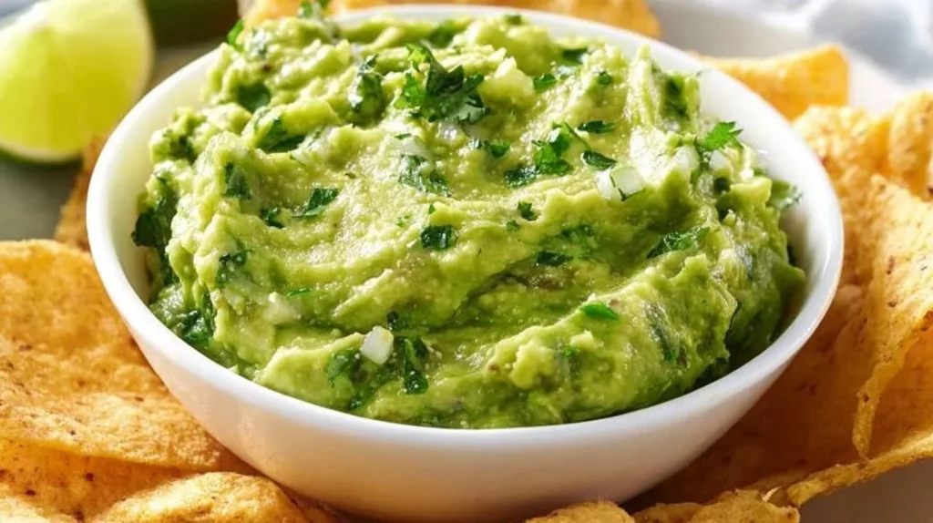 Bowl of easy guacamole made with ripe avocados and fresh ingredients
