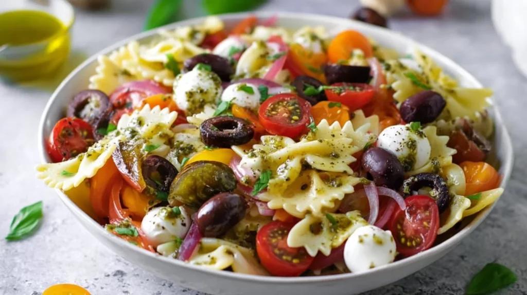 Bowl of Easy Italian Antipasto Pasta Salad with olives, peppers, and cheese