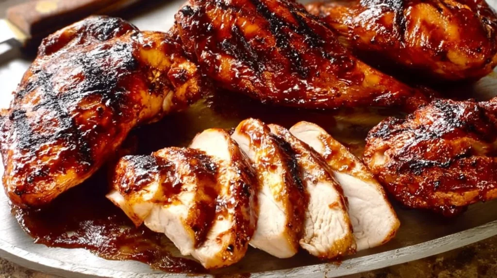 Delicious easy juicy BBQ chicken on a grill, ready for serving.