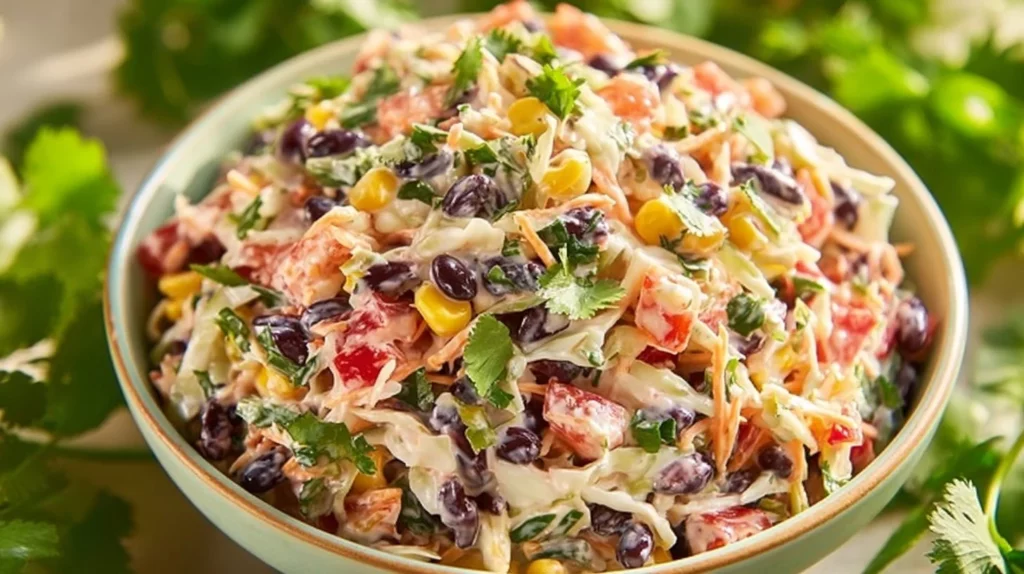 Bowl of easy Mexican coleslaw with colorful vegetables and dressing.