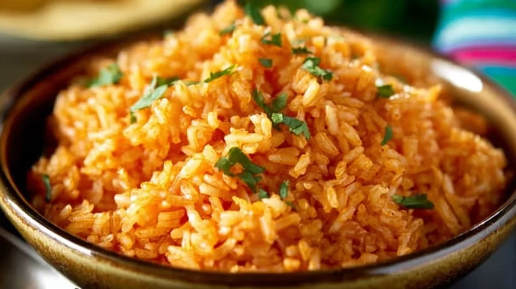 Bowl of easy homemade Mexican rice garnished with cilantro and lime.