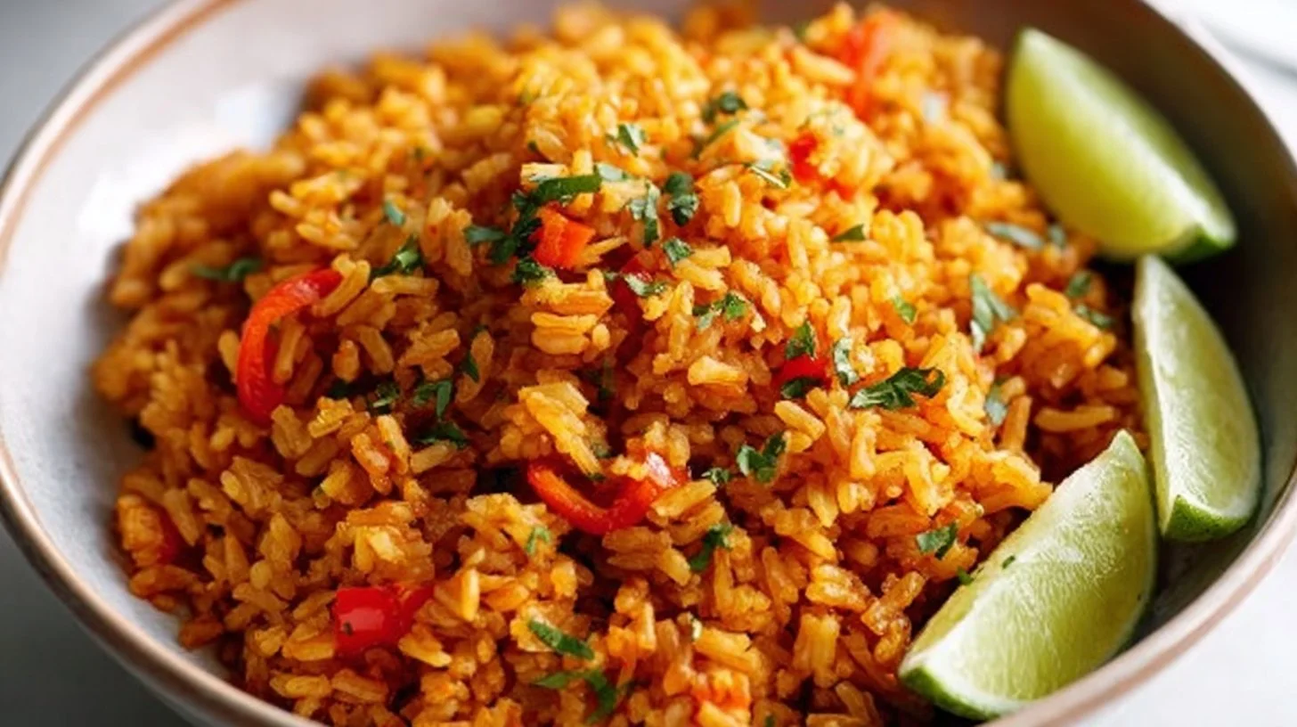 Bowl of easy Mexican rice garnished with cilantro and lime.