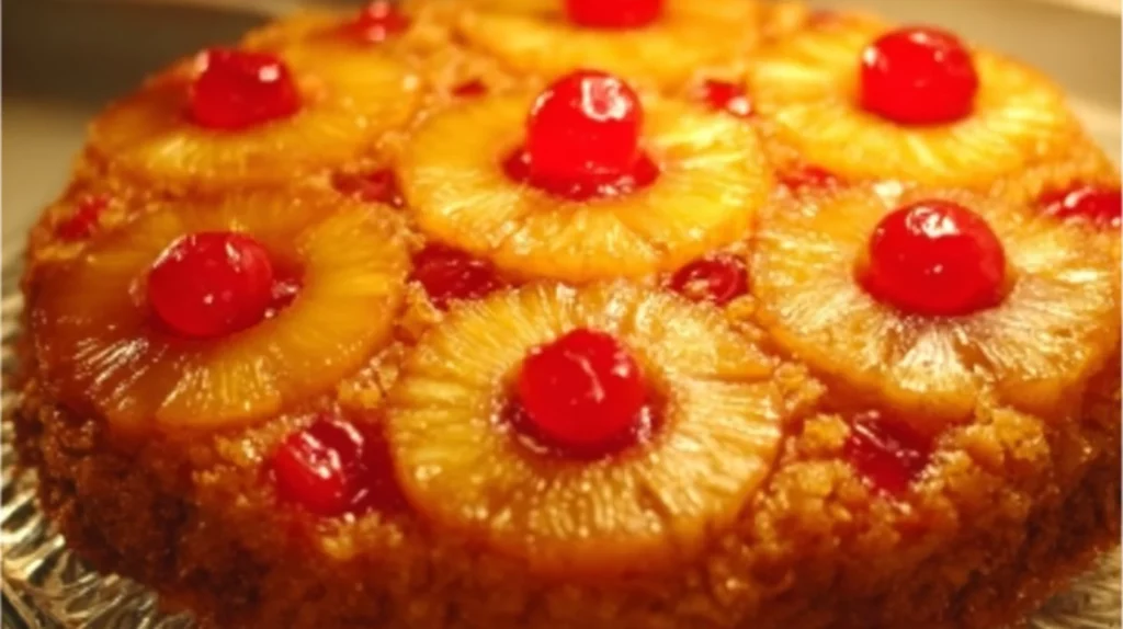 Delicious Easy Pineapple Upside Down Cake served on a plate.