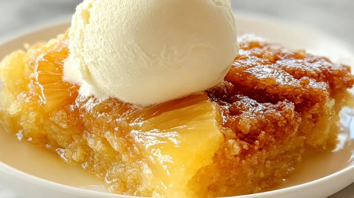 Easy pineapple upside down dump cake topped with cherries and whipped cream