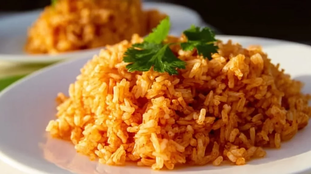 Bowl of easy Spanish rice garnished with herbs and spices