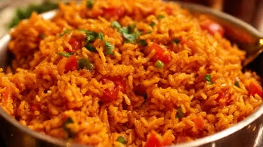 A bowl of easy Spanish rice topped with fresh herbs and served as a side dish.