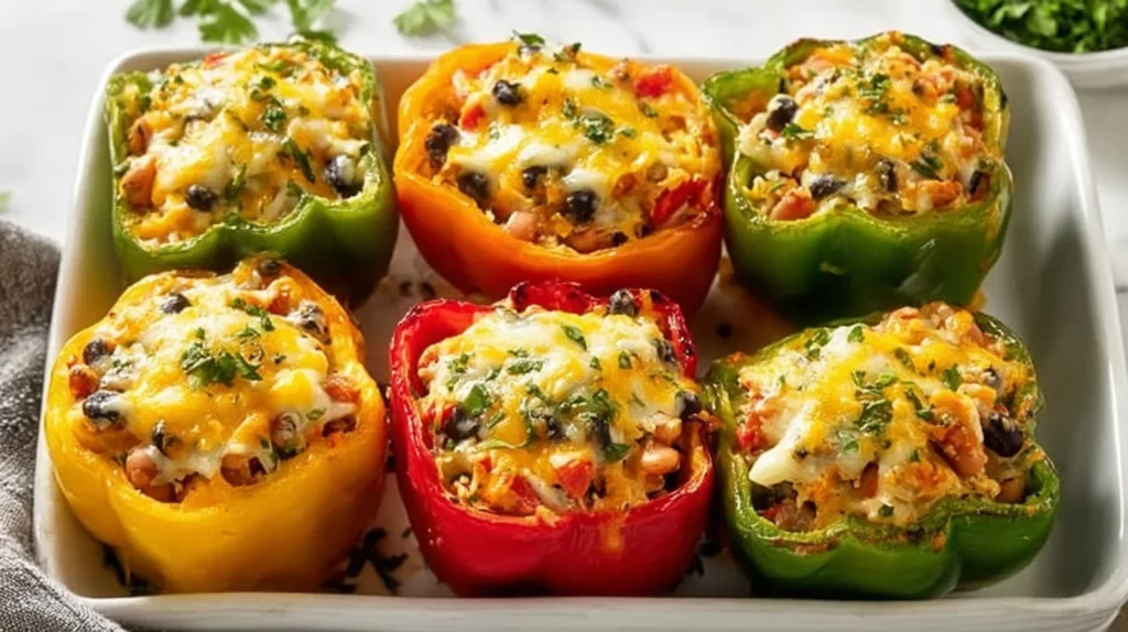Colorful taco stuffed peppers filled with seasoned meat and toppings