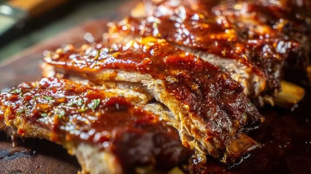 Delicious fall off the bone ribs served on a plate, ready to eat