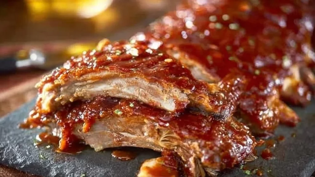 Delicious fall off the bone ribs served on a platter with barbecue sauce