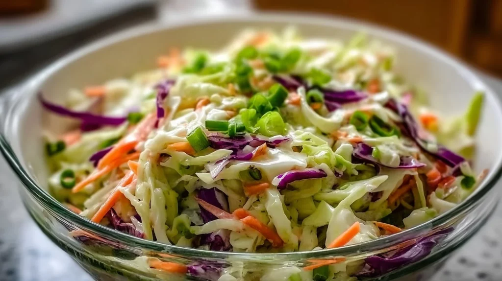 Fresh fish taco slaw with colorful vegetables and creamy dressing