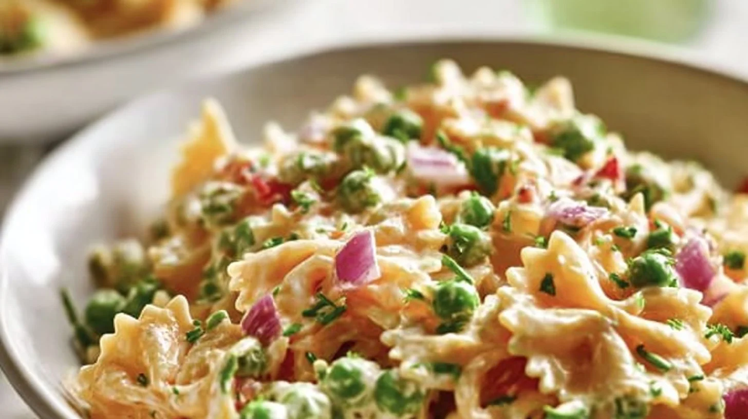 Colorful French Dressing Pasta Salad with fresh vegetables and pasta.