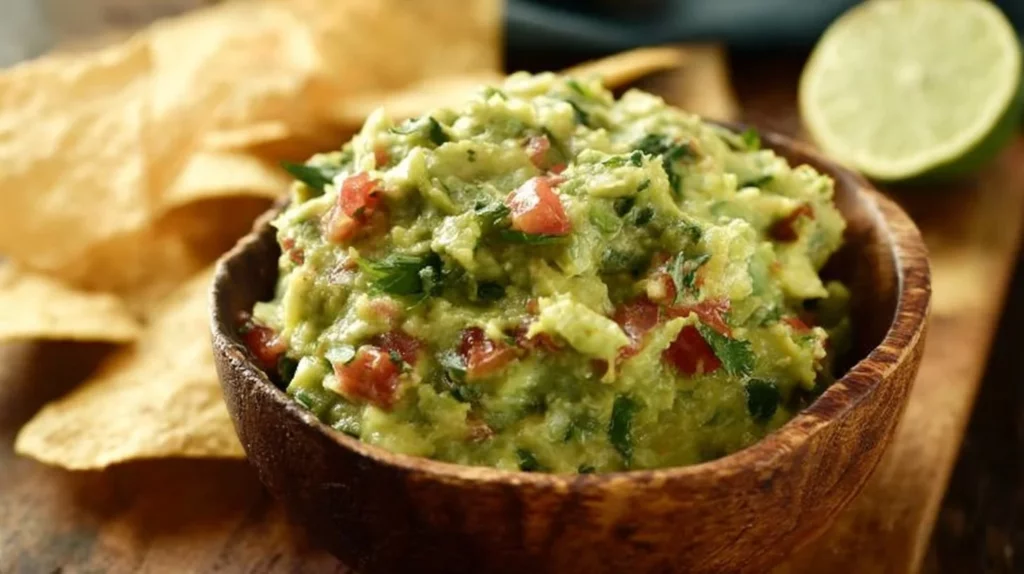 Bowl of fresh guacamole with cilantro and lime on a wooden table