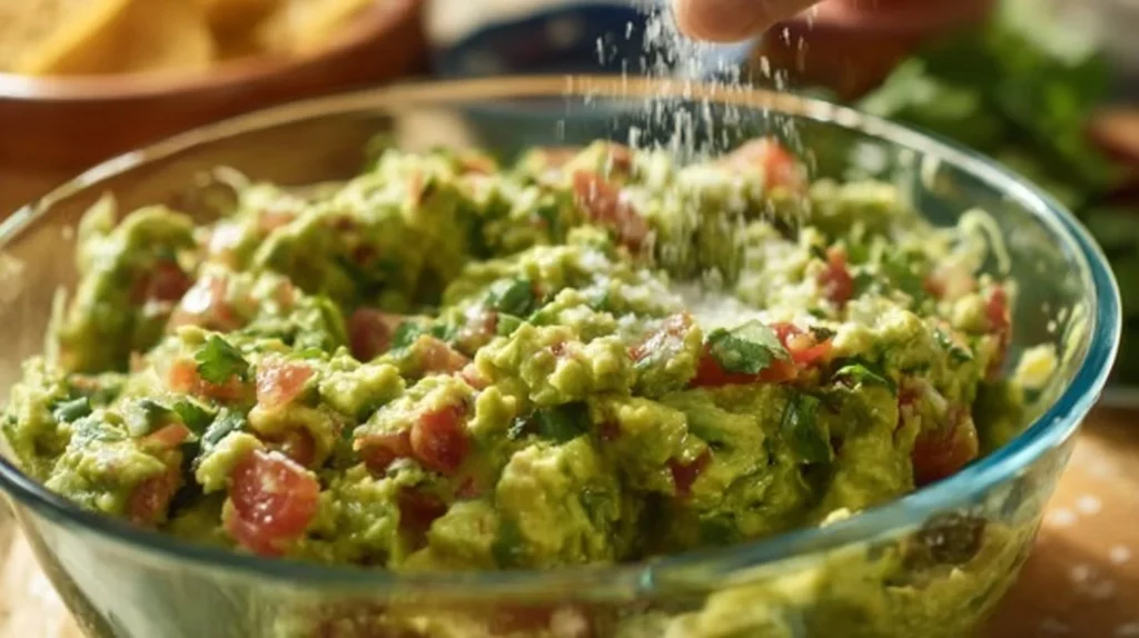 Bowl of fresh homemade guacamole with chips on the side
