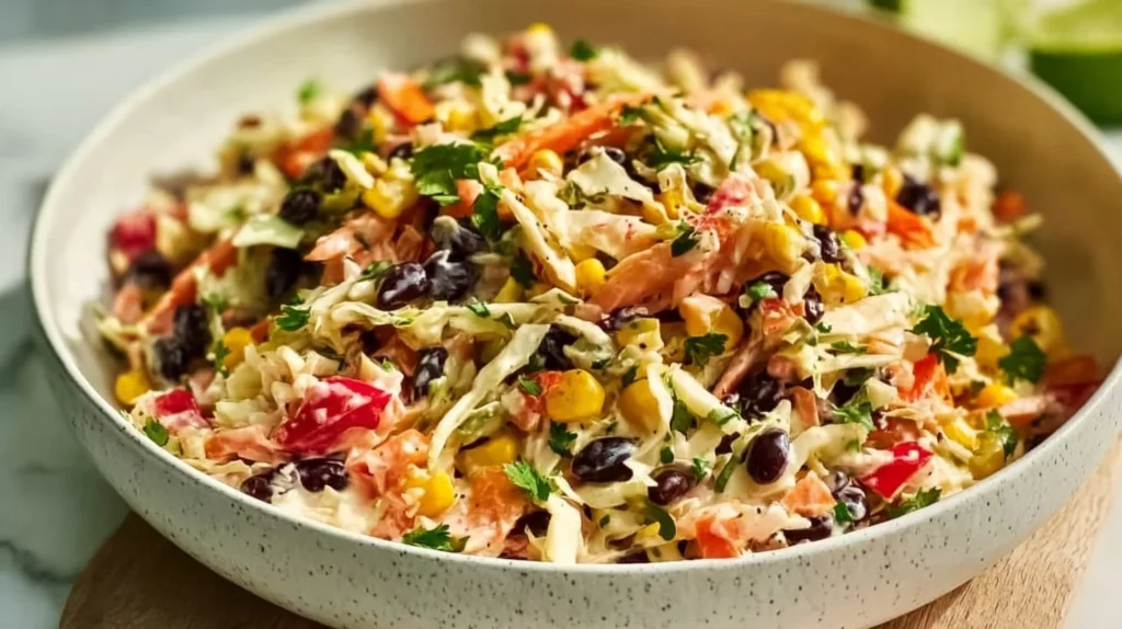 Shredded cabbage salad with colorful vegetables and dressing, perfect for summer.