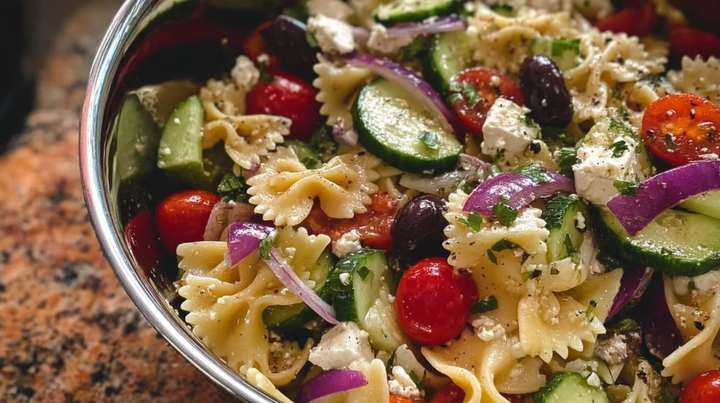 Bowl of vibrant Greek pasta salad with olives, tomatoes, and feta cheese