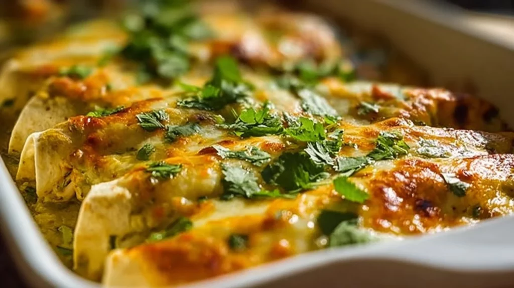 Delicious green chicken enchiladas topped with sauce and cheese