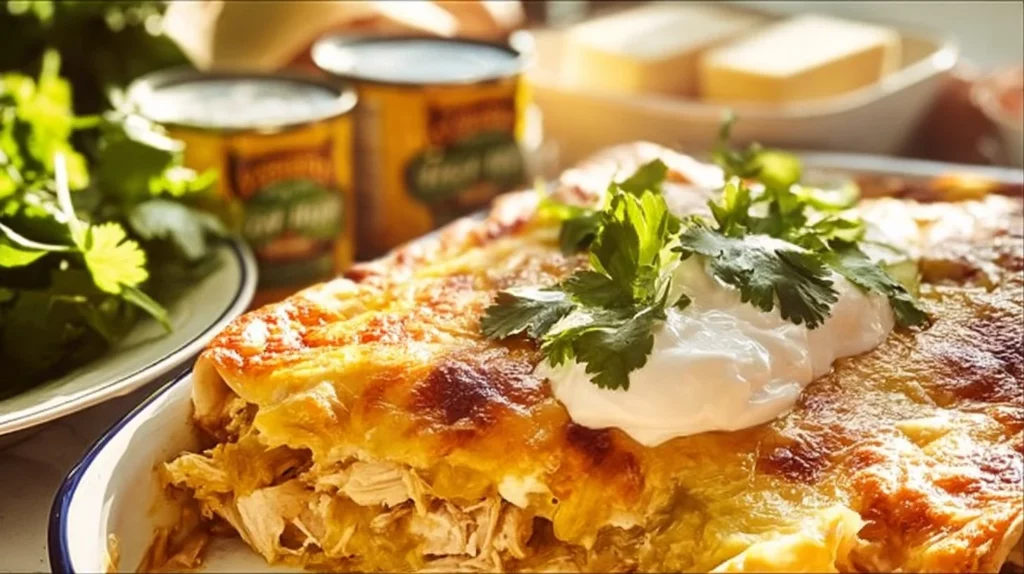 Delicious Green Chile Chicken Enchilada Casserole topped with cheese and green chiles