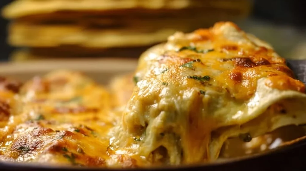 Plate of Green Chile Chicken Enchiladas topped with cheese and cilantro