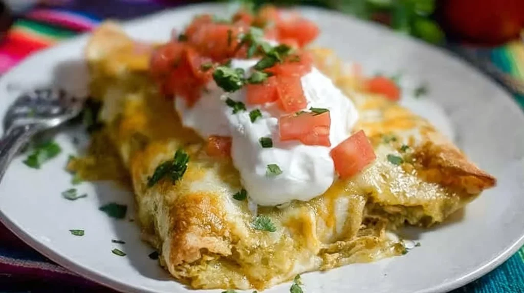 Delicious plate of green chile chicken enchiladas topped with cheese and salsa.