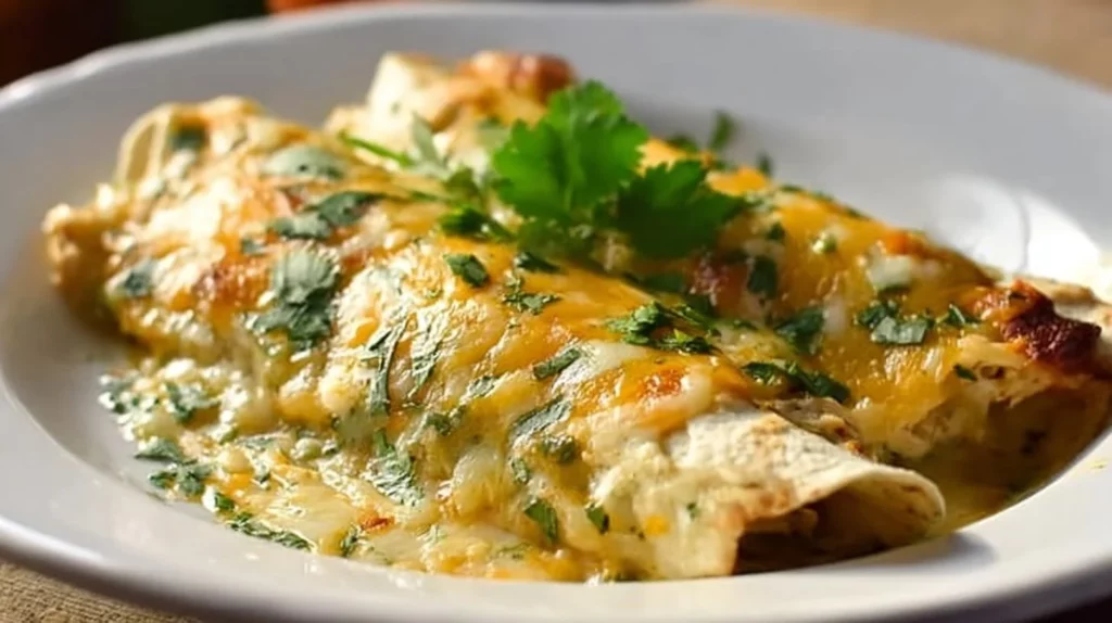 Delicious Green Chile Chicken Enchiladas topped with cheese and green sauce