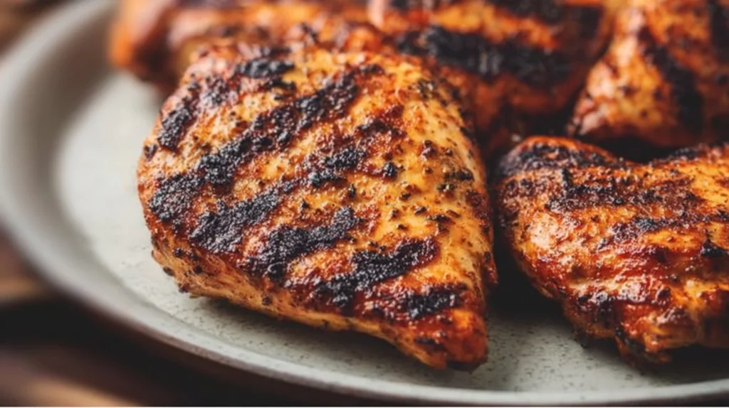 Grilled chicken with a savory dry rub seasoning on the grill.